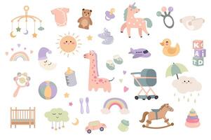 Newborn baby items set with cartoon elements in flat design. Bundle of kid toys, bodysuit, teddy bear, pacifier, unicorn, rattle, diaper, booties and other decor isolated stickers. illustration vector