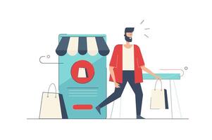 móvil compras concepto con personas escena en plano dibujos animados diseño. hombre utilizando móvil solicitud a en línea pago para compras, ordenando en aplicación ilustración con personaje situación para web vector