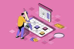 Mobile organizer web concept in 3d isometric design. Man marks meetings in calendar, writes notes and sets reminders, plans time and tasks in app. web illustration with people isometry scene vector