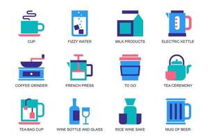 bebidas concepto de web íconos conjunto en sencillo plano diseño. paquete de taza, café a ir, gaseoso agua, Leche productos, eléctrico pava, francés prensa, té ceremonia, vino botella. pictogramas para móvil aplicación vector