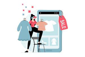Metaverse concept with people scene in flat design. Woman wearing VR goggle and shopping in cyberspace, choosing goods on screen of mobile phone. illustration with character situation for web vector