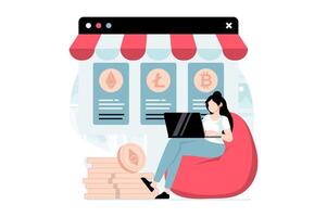 Cryptocurrency marketplace concept with people scene in flat design. Woman trading on market, investing and buying bitcoins, litecoins or ethereum. illustration with character situation for web vector