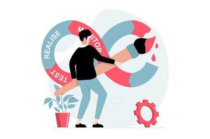 DevOps concept with people scene in flat design. Man creating software and working in team, using agile project management and optimizing workflow. illustration with character situation for web vector