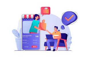 en línea compras concepto con personas escena. hombre cliente hace compras a descuento precios, ordenando entrega en aplicación mujer de venta bienes. ilustración con caracteres en plano diseño para web vector