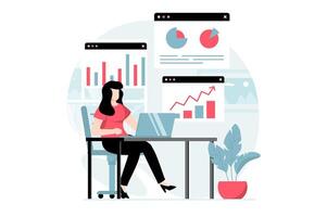 Data analysis concept with people scene in flat design. Woman researching statistics in diagrams and graphs, works with information on screens. illustration with character situation for web vector