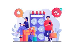 móvil comercio concepto con personas escena. mujer y hombre byers haciendo compras, ordenando a sitio web comercio, en línea pago en solicitud. ilustración con caracteres en plano diseño para web vector