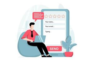 Feedback page concept with people scene in flat design. Man filling digital form and leaves comment with rating describing him user experience. illustration with character situation for web vector