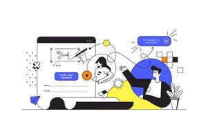 Electronic contract web concept in flat outline design with characters. Man and woman signing electronic agreements with digital signature, making business deal people scene. illustration. vector