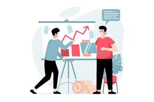 Business making concept with people scene in flat design. Men analyzing financial data, planning strategy and developing company at meeting. illustration with character situation for web vector