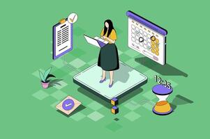 Time management web concept in 3d isometric design. Woman planning work tasks and daily activities using checklists, calendar and programs at laptop. web illustration with people isometry scene vector