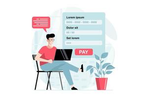 E-payment concept with people scene in flat design. Man filling digital form with credit card data for making online money transfer using laptop. illustration with character situation for web vector