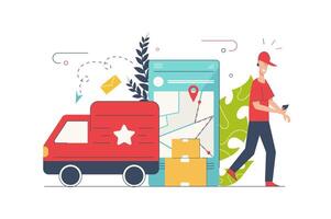 Delivery service concept with people scene in flat cartoon design. Courier delivering parcels. Truck logistics and online ordering shipping in app. illustration with character situation for web vector