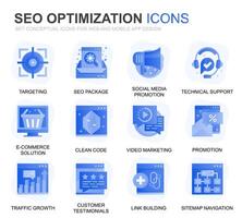 Modern Set Seo and Web Optimization Gradient Flat Icons for Website and Mobile Apps. Contains such Icons as Target, Marketing, Traffic Growth. Conceptual color flat icon. pictogram pack. vector