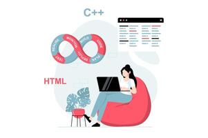 DevOps concept with people scene in flat design. Woman coders working at laptop and programming, optimizing workflow and agile project management. illustration with character situation for web vector