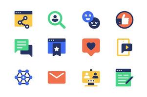 Social media concept of web icons set in simple flat design. Pack of link sharing, searching, emoticon, like, heart, chat, player, email, internet and other. pictograms for mobile app vector