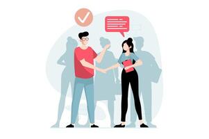 Employee hiring process concept with people scene in flat design. HR manager shakes hands with applicant and hires best candidate after interview. illustration with character situation for web vector