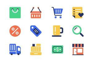 Shopping concept of web icons set in simple flat design. Pack of shop bag, basket, cart, list, discount, sale, coupon, price, cup of coffee, delivery, cash and other. pictograms for mobile app vector