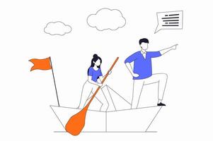 Leadership concept with people scene in flat outline design. Man and woman are sailing on boat, leader indicates direction for business team. illustration with line character situation for web vector