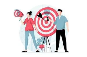Focus group concept with people scene in flat design. Man and woman are studying behavior of audience, making advertising campaign and targeting. illustration with character situation for web vector