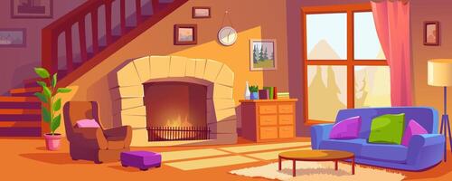 Living room with fireplace background banner in cartoon design. Cosy home interior with sofa and armchair, cushions, coffee table, warm fire, wooden ladder and big window. cartoon illustration vector