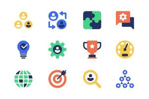 Teamwork concept of web icons set in simple flat design. Pack of team, experience exchange, puzzle, brainstorming, settings, leadership, winning cup, target and other. pictograms for mobile app vector