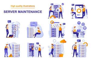 servidor mantenimiento web concepto con personas escenas conjunto en plano estilo. haz de técnico trabajar, trabajando a servidor estante hardware habitación, ingenieros equipo refacción. ilustración con personaje diseño vector