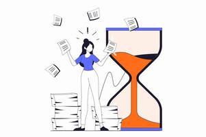 Deadline concept with people scene in flat outline design. Woman trying to complete work tasks or paperwork before time runs out in hourglass. illustration with line character situation for web vector