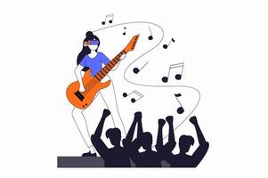 virtual realidad concepto con personas escena en plano contorno diseño. mujer en vr auriculares jugando guitarra y realiza en concierto simulación. ilustración con línea personaje situación para web vector