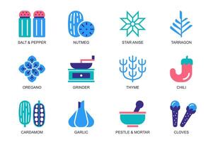 Herbs and Spices concept of web icons set in simple flat design. Pack of salt, pepper, nutmeg, star anise, tarragon, oregano, thyme, chili, cardamom, garlic, other. pictograms for mobile app vector