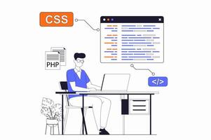 Development and programming concept with people scene in flat outline design. Man writes code and creates programs, fixes bugs and tests. illustration with line character situation for web vector