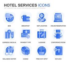 Modern Set Hotel Service Gradient Flat Icons for Website and Mobile Apps. Contains such Icons as Restaurant, Room Services, Reception. Conceptual color flat icon. pictogram pack. vector