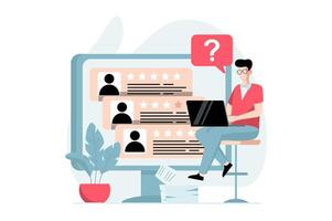 Employee hiring process concept with people scene in flat design. HR manager reviews resumes online and selects best applicants using laptop. illustration with character situation for web vector