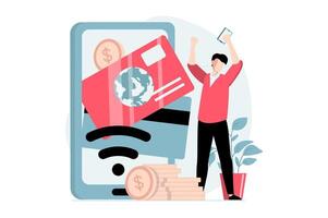 E-payment concept with people scene in flat design. Man pays online with credit card using cashless and wireless technology at mobile phone. illustration with character situation for web vector