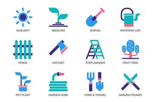 Garden concept of web icons set in simple flat design. Pack of sunlight, seedling, shovel, watering can, fence, hatchet, stepladder, fruit tree, pot plant, pruner. pictograms for mobile app vector