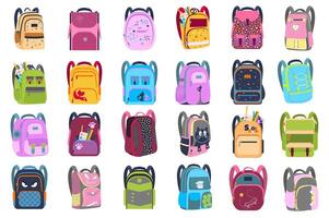 mochilas conjunto con linda dibujos animados elementos en plano diseño. haz de vistoso mochilas o mochilas escolares de diferente estilos. abierto o cerrado pantalones con papelería, aislado pegatinas ilustración. vector