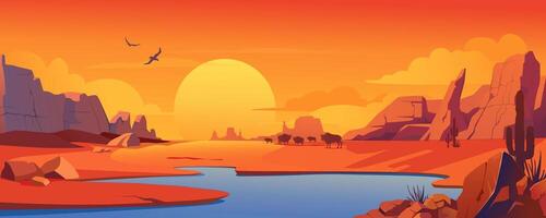 Sunset in desert background banner in cartoon design. Dry sand space with with mountains and lake view in drought valley, bull silhouettes, wildlife cactus, flying birds. cartoon illustration vector