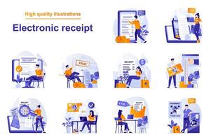 Electronic receipt web concept with people scenes set in flat style. Bundle of online payment with digital invoice, financial transactions via mobile app. illustration with character design vector