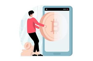 Cryptocurrency marketplace concept with people scene in flat design. Man buying bitcoins or ethereum, making crypto business using mobile app. illustration with character situation for web vector