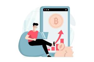 Cryptocurrency mining concept with people scene in flat design. Man mines bitcoin coins and analyzes exchange data using laptop and mobile app. illustration with character situation for web vector