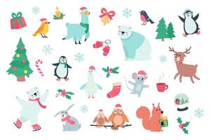 Happy animals and winter holidays set with cute cartoon elements in flat design. Bundle of gifts, lama, bells, bear, Christmas tree, penguin, holly and other isolated stickers. illustration. vector