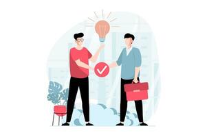 Business making concept with people scene in flat design. Businessmen shake hands and make deal on partnership, generate new ideas and solutions. illustration with character situation for web vector