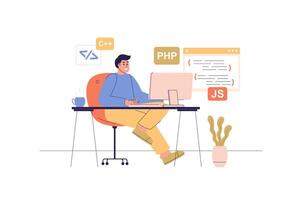 Programmer working web concept with people scene. Developer sitting at computer and making programming project, coding at abstract screens. Character situation in flat design. illustration. vector