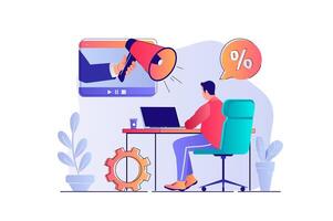 marketing concept with people scene. Man creating and posting viral and promo content, making online promotion for business. illustration with characters in flat design for web vector