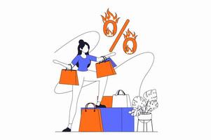 compras concepto con personas escena en plano contorno diseño. mujer compra bienes a estacional rebaja en tiendas a negociar precios con grande descuentos ilustración con línea personaje situación para web vector