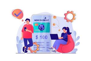 en línea pago concepto con personas escena. hombre y mujer pago compras con crédito tarjeta en en línea bancario, haciendo financiero actas. ilustración con caracteres en plano diseño para web vector