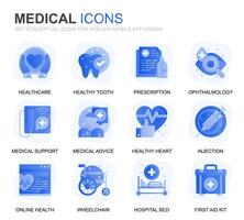 Modern Set Healthcare and Medical Gradient Flat Icons for Website and Mobile Apps. Contains such Icons as Ambulance, First Aid, Research, Hospital. Conceptual color flat icon. pictogram pack. vector