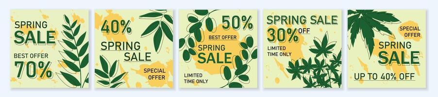 Spring Sale square template set for ads posts in social media. Bundle of promotional layouts with different green leaves. Suitable for mobile apps, banner design and web ads. illustration. vector