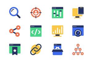 Seo optimization concept of web icons set in simple flat design. Pack of search machine, target, settings, link, coding, data analysis, speed traffic page and other. pictograms for mobile app vector