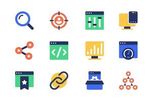 seo mejoramiento concepto de web íconos conjunto en sencillo plano diseño. paquete de buscar máquina, objetivo, ajustes, enlace, codificación, datos análisis, velocidad tráfico página y otro. pictogramas para móvil aplicación vector