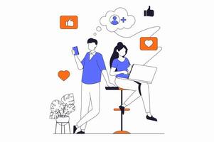 Social network concept with people scene in flat outline design. Man and woman view new posts, put likes and hearts and write comments. illustration with line character situation for web vector